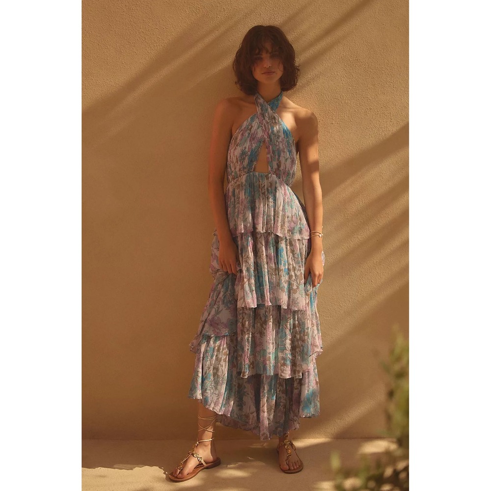 BHLDN Danielle Halter Maxi Dress Blue Floral Tiered Ruffle Chiffon Cutout 17 PTP